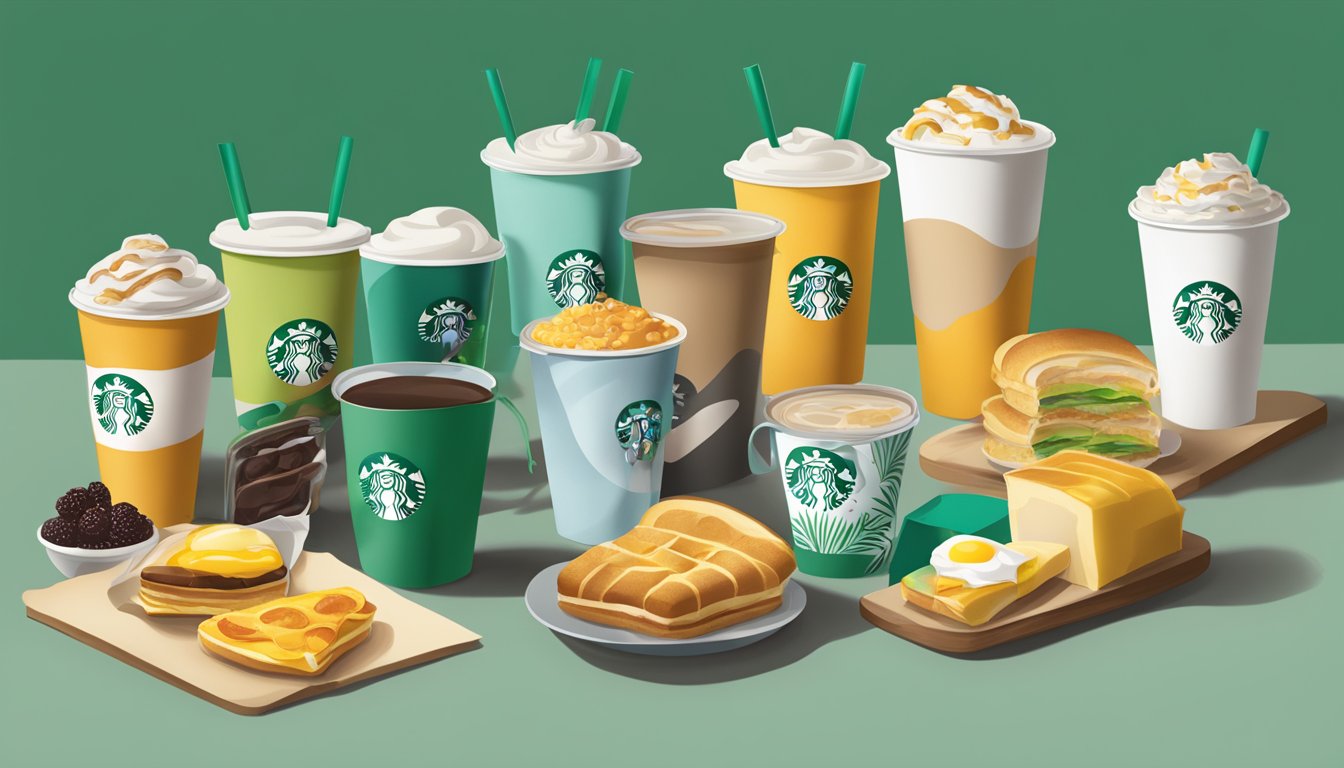 A table with Starbucks breakfast packaging in various colors, arranged to show their impact on marketing and sales