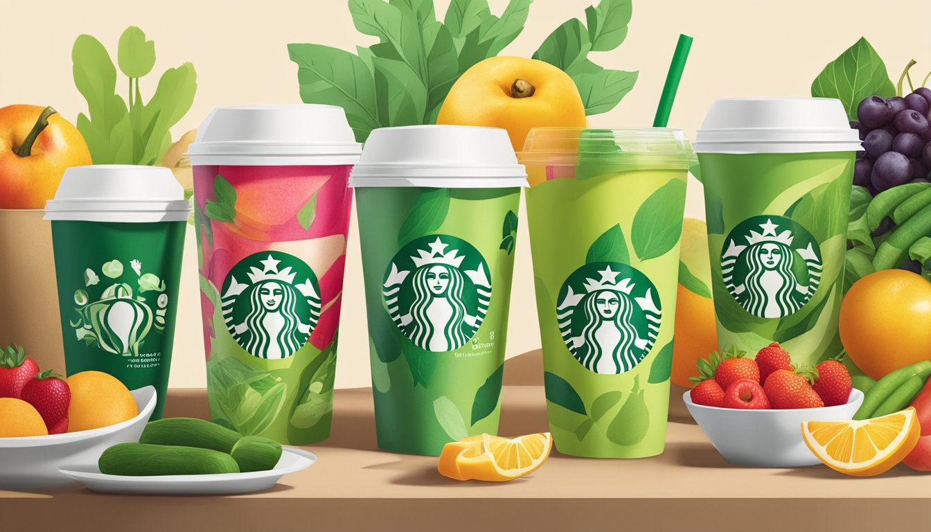 A vibrant green Starbucks breakfast packaging surrounded by fresh fruits and vegetables, evoking feelings of health and sustainability