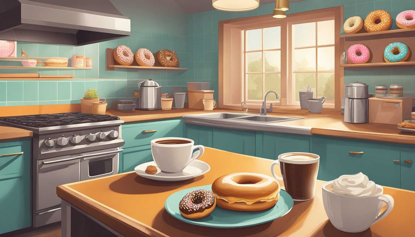 A cozy, retro-style kitchen with a steaming cup of coffee, a plate of freshly baked donuts, and a vintage Dunkin' Donuts sign on the wall