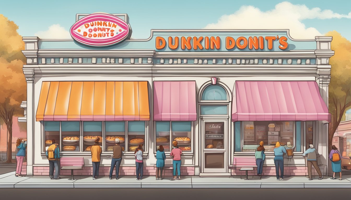 A vintage Dunkin' Donuts storefront with classic signage and a line of customers outside, evoking a sense of nostalgia and breakfast appeal