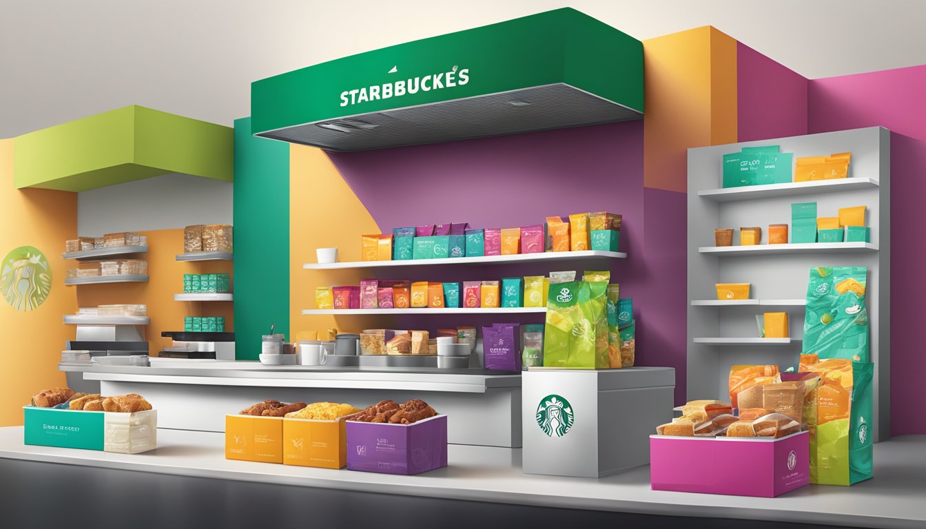 A vibrant Starbucks breakfast packaging display with colorful boxes and bags arranged on a sleek, modern counter