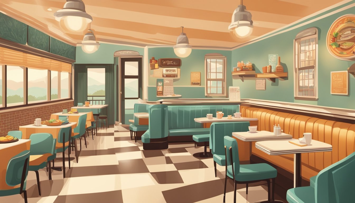 A cozy, retro-style diner with classic breakfast items on display. A warm color palette and vintage decor evoke a sense of nostalgia