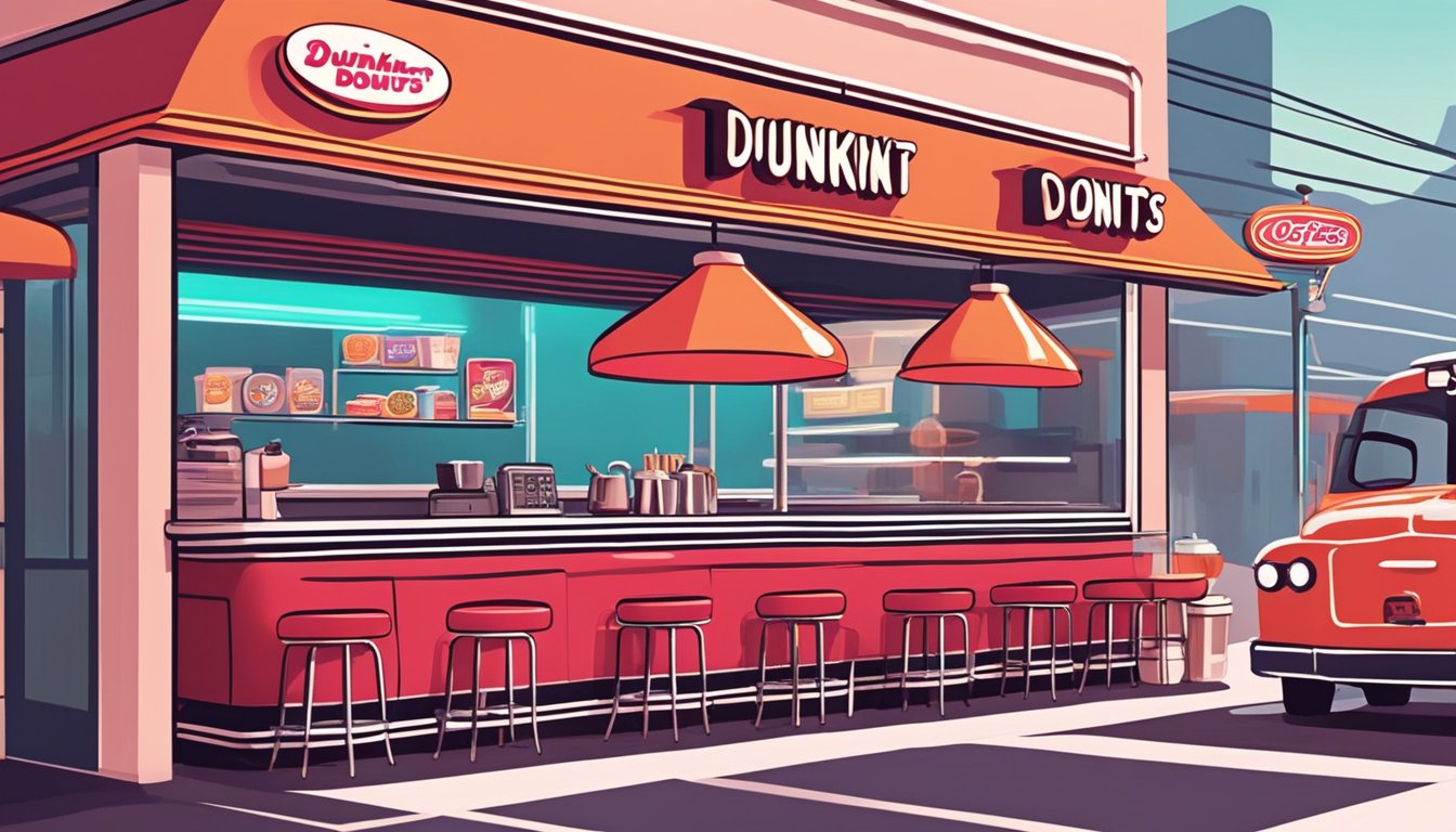 A cozy, retro-inspired diner with red vinyl booths and a counter lined with vintage coffee mugs. A neon Dunkin' Donuts sign glows in the window