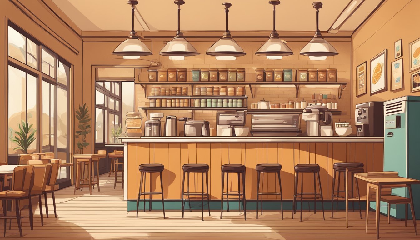 A cozy, retro-style coffee shop with a warm color palette and vintage decor. A counter displays a variety of breakfast items and coffee drinks