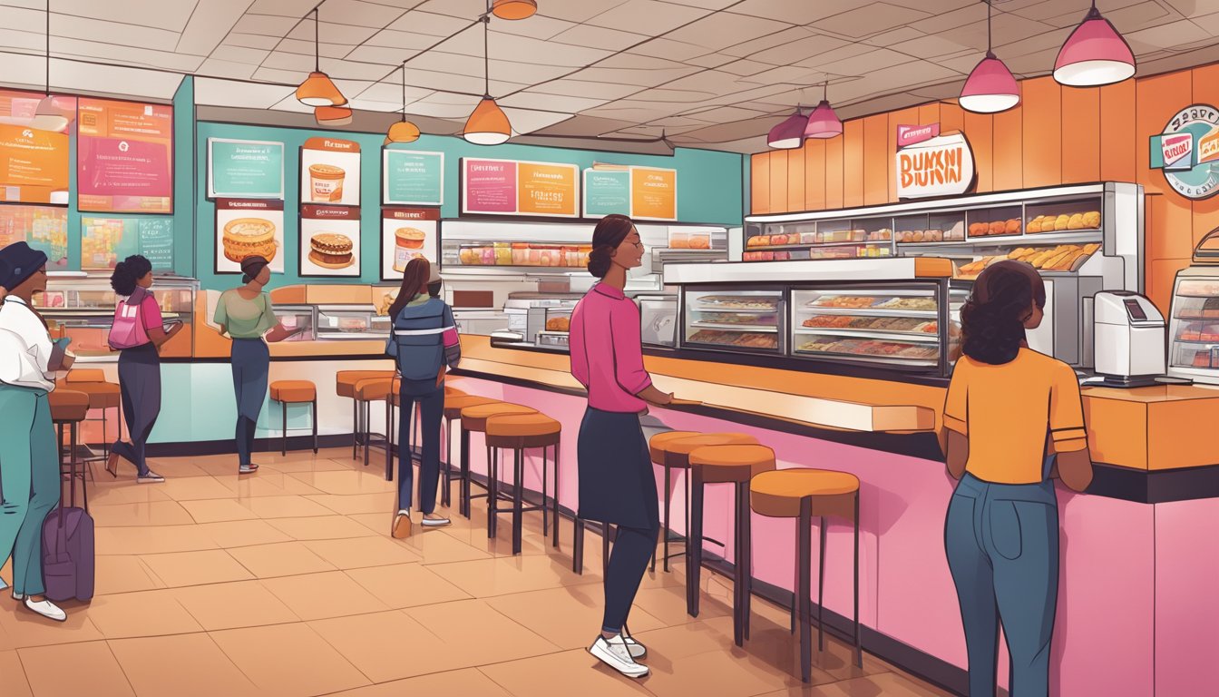 A bustling Dunkin' store with a mix of modern and retro elements, showcasing sustainable practices and corporate responsibility