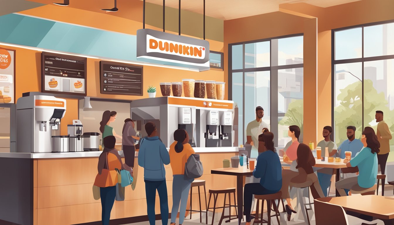 A bustling morning cafe with a prominently displayed Dunkin' Cold Brew dispenser, surrounded by customers enjoying their breakfast