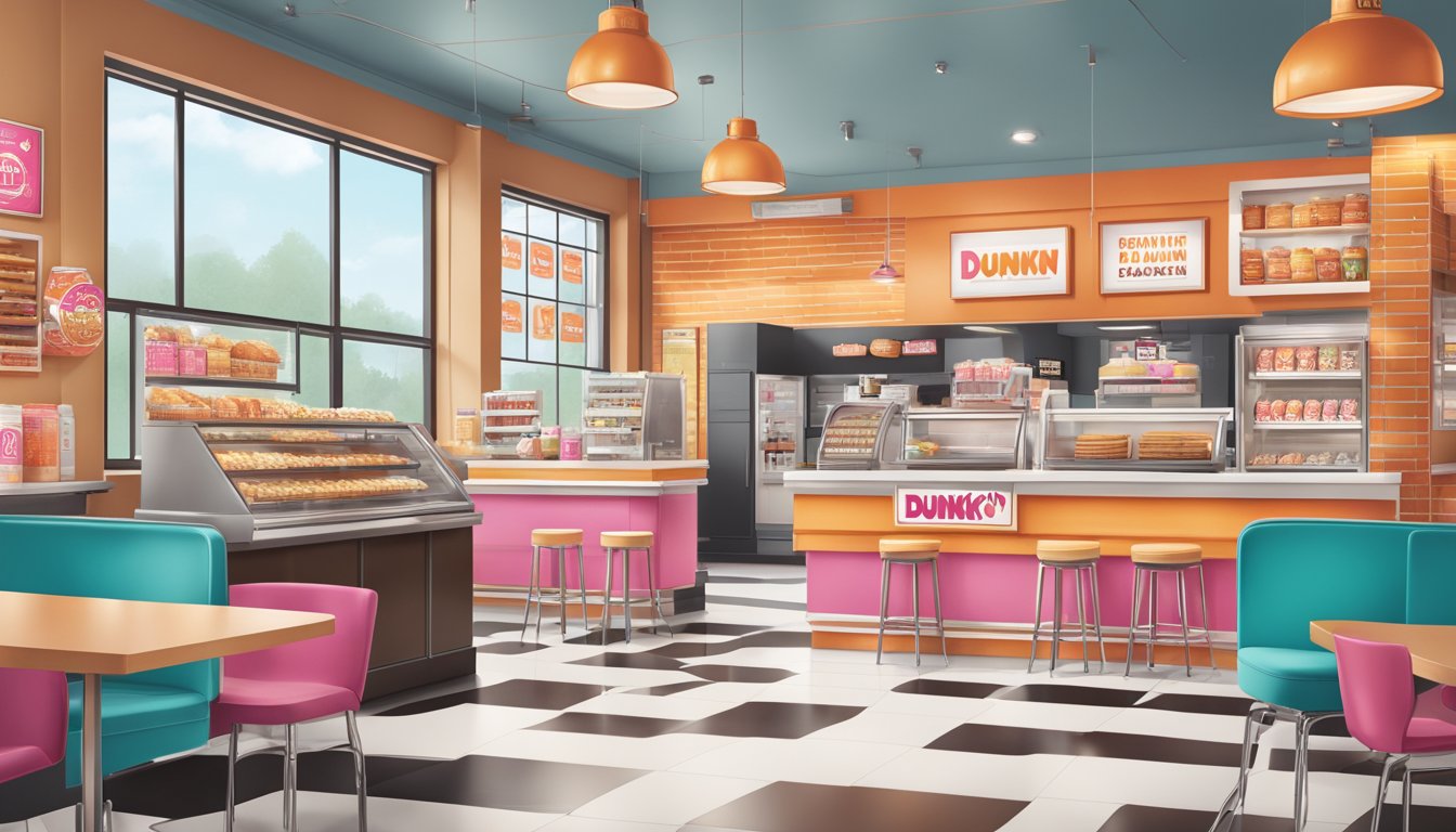 A modern Dunkin' store with a mix of digital and traditional elements, evoking a sense of nostalgia through vintage signage and iconic branding