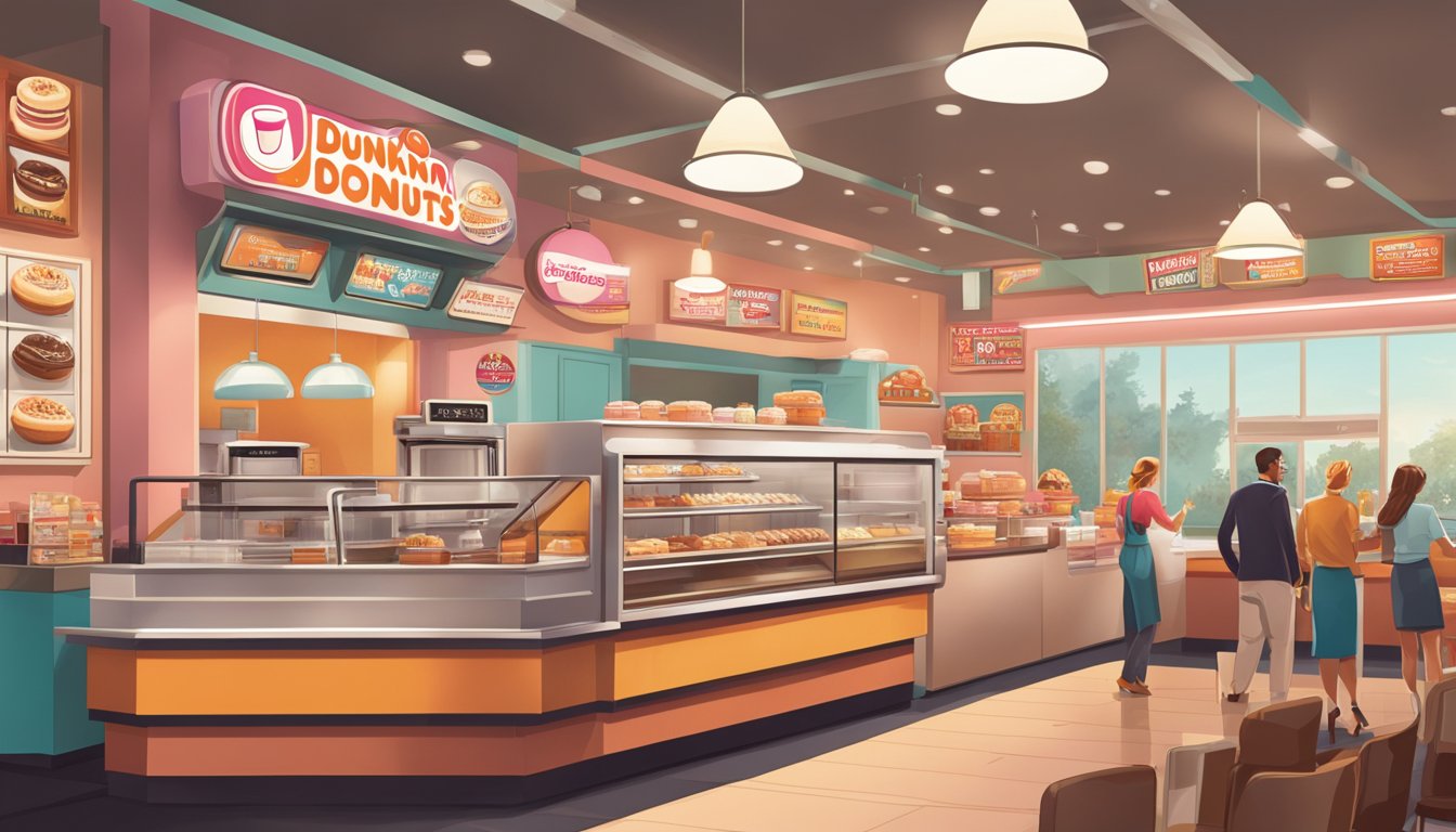 A bustling Dunkin' Donuts store with a retro-inspired interior, featuring vintage signage and decor, evoking a sense of nostalgia and charm