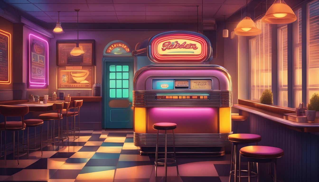 A cozy diner with retro decor, featuring a vintage jukebox and old-fashioned coffee mugs on the counter. A warm glow emanates from the neon sign outside