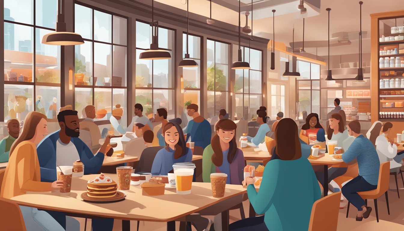 A bustling breakfast scene with a prominent display of Dunkin's cold brew coffee, surrounded by various breakfast items and customers enjoying their morning meals