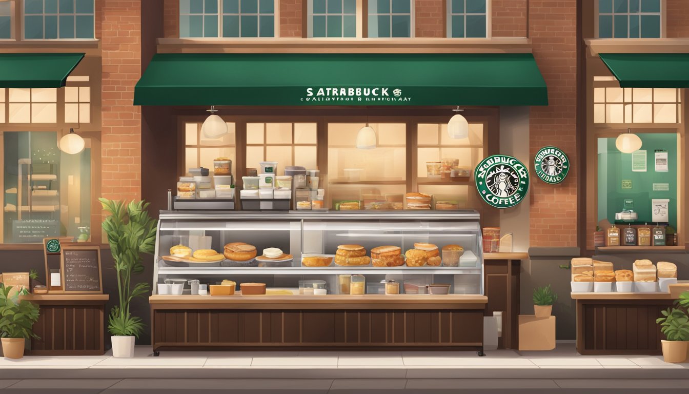 A cozy Starbucks cafe with a display of breakfast items. A clear sign indicating allergen information and staff handling food with care