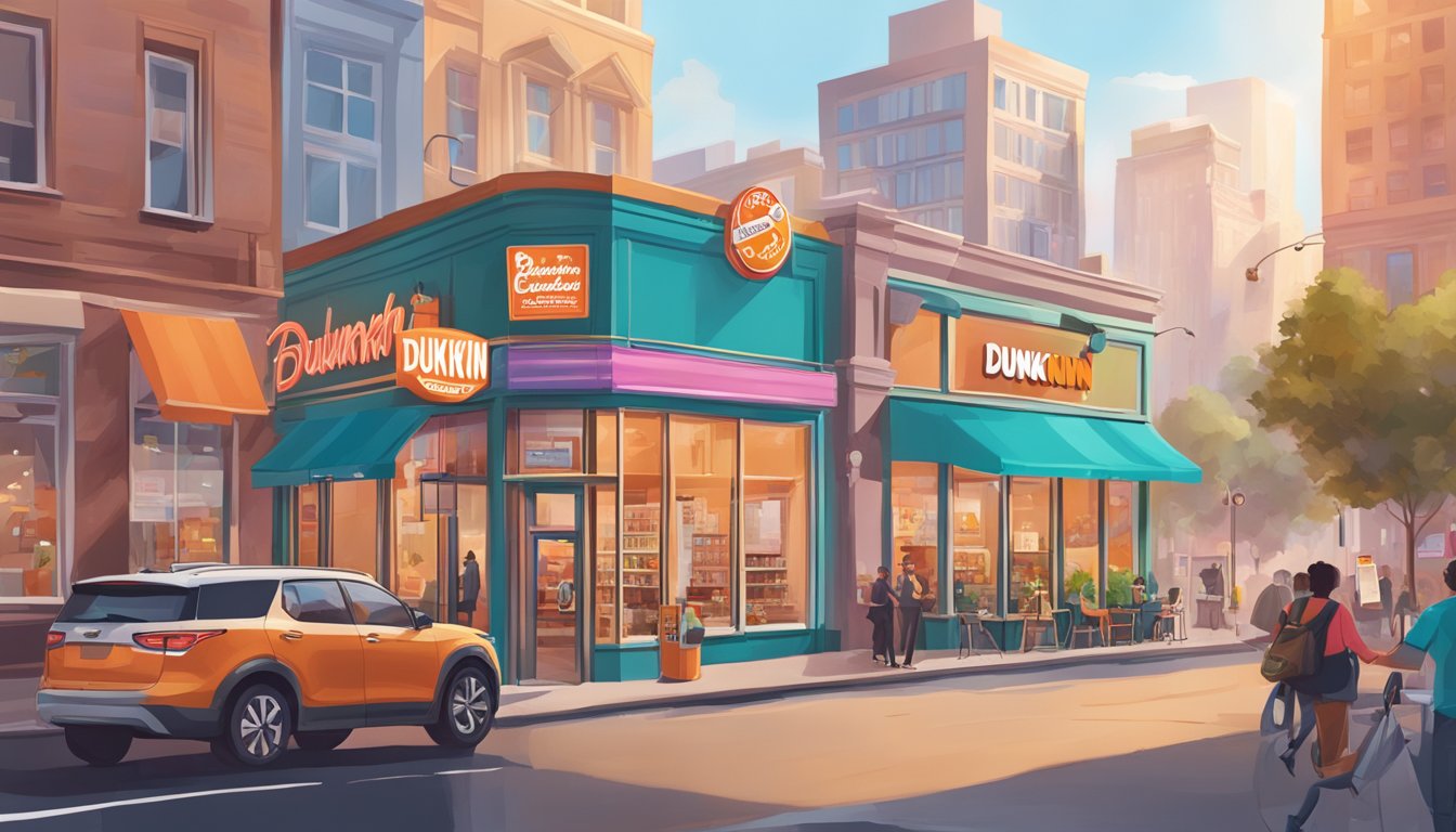 A vibrant cityscape with a bustling Dunkin' store featuring eco-friendly signage and certifications, showcasing the rise of their cold brew in the breakfast scene