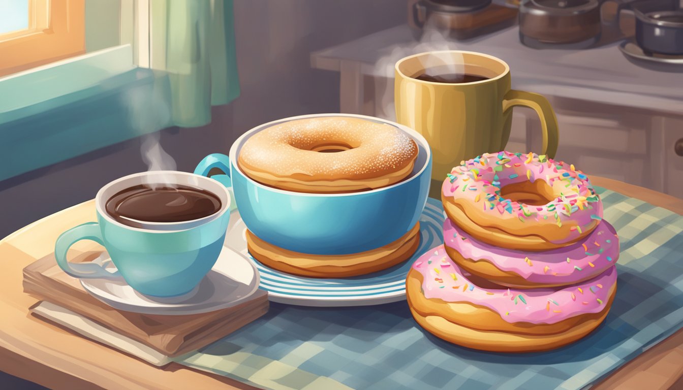 A cozy kitchen table with a steaming mug, a plate of donuts, and a stack of pancake-printed pajamas