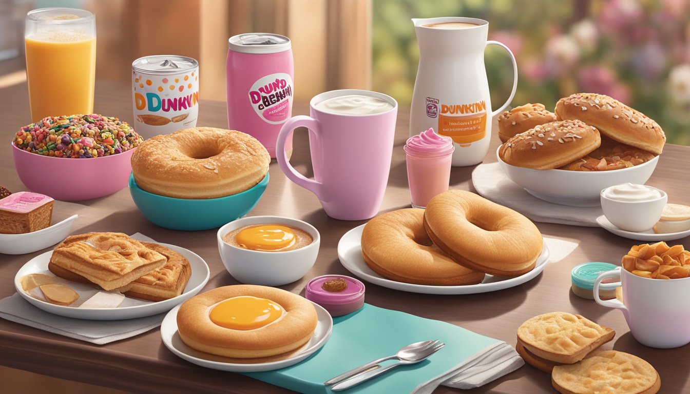 A cozy kitchen table with a spread of Dunkin' breakfast items, surrounded by Ulta Beauty merchandise like mugs and pajamas