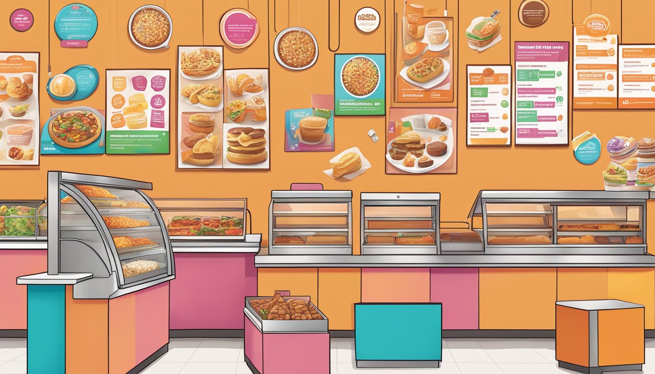 A colorful menu board at Dunkin' featuring icons of dietary symbols and allergen information for customer awareness