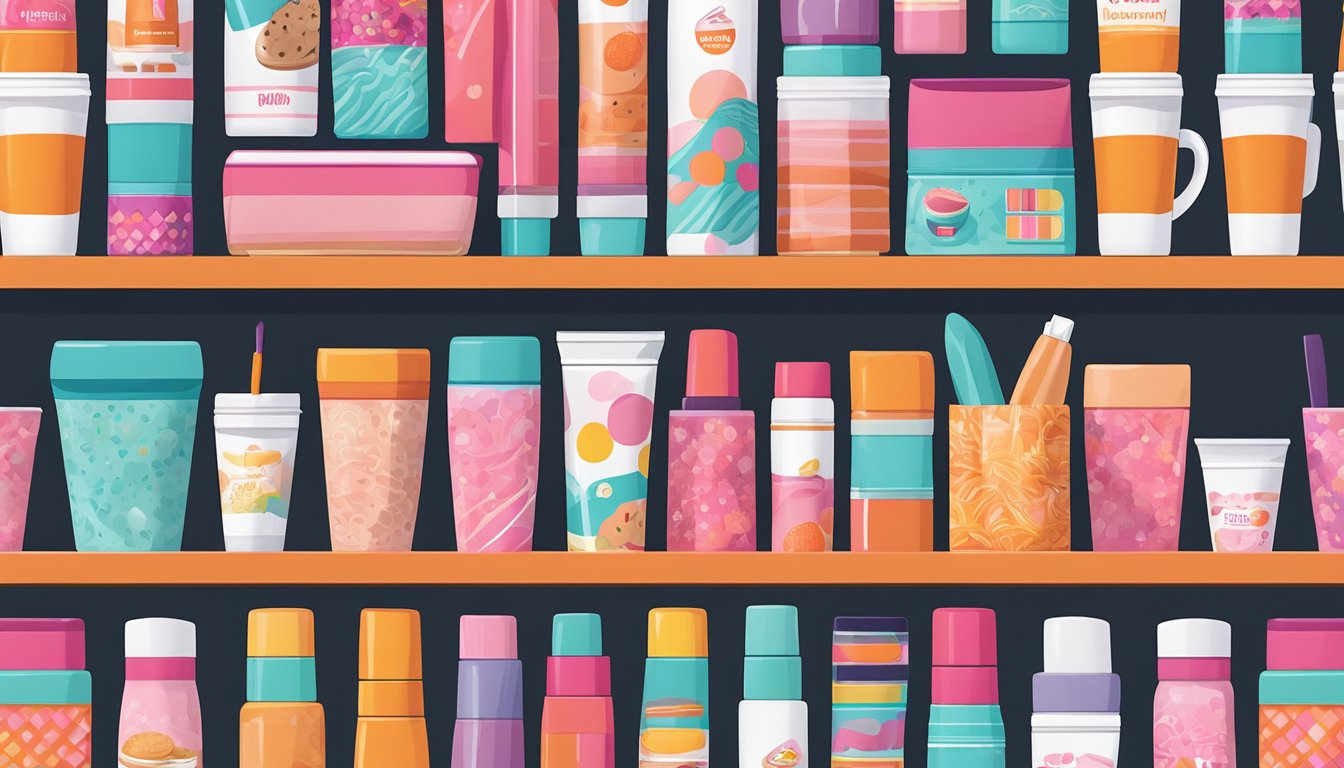 A colorful array of makeup products, mugs, and pajamas featuring Dunkin's breakfast-inspired designs displayed on a clean, organized shelf