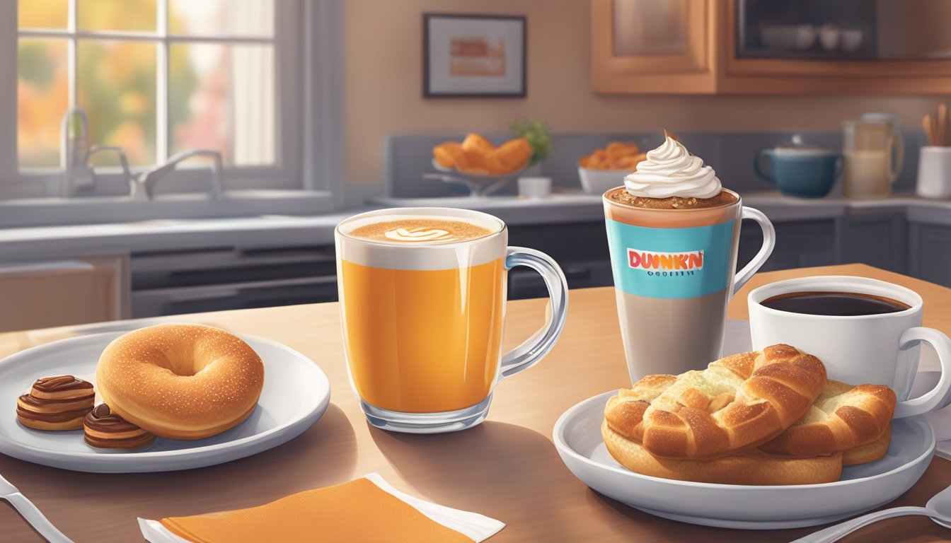 A cozy kitchen table with a steaming mug, plate of breakfast food, and a pair of pajamas featuring Dunkin's iconic logo and breakfast items