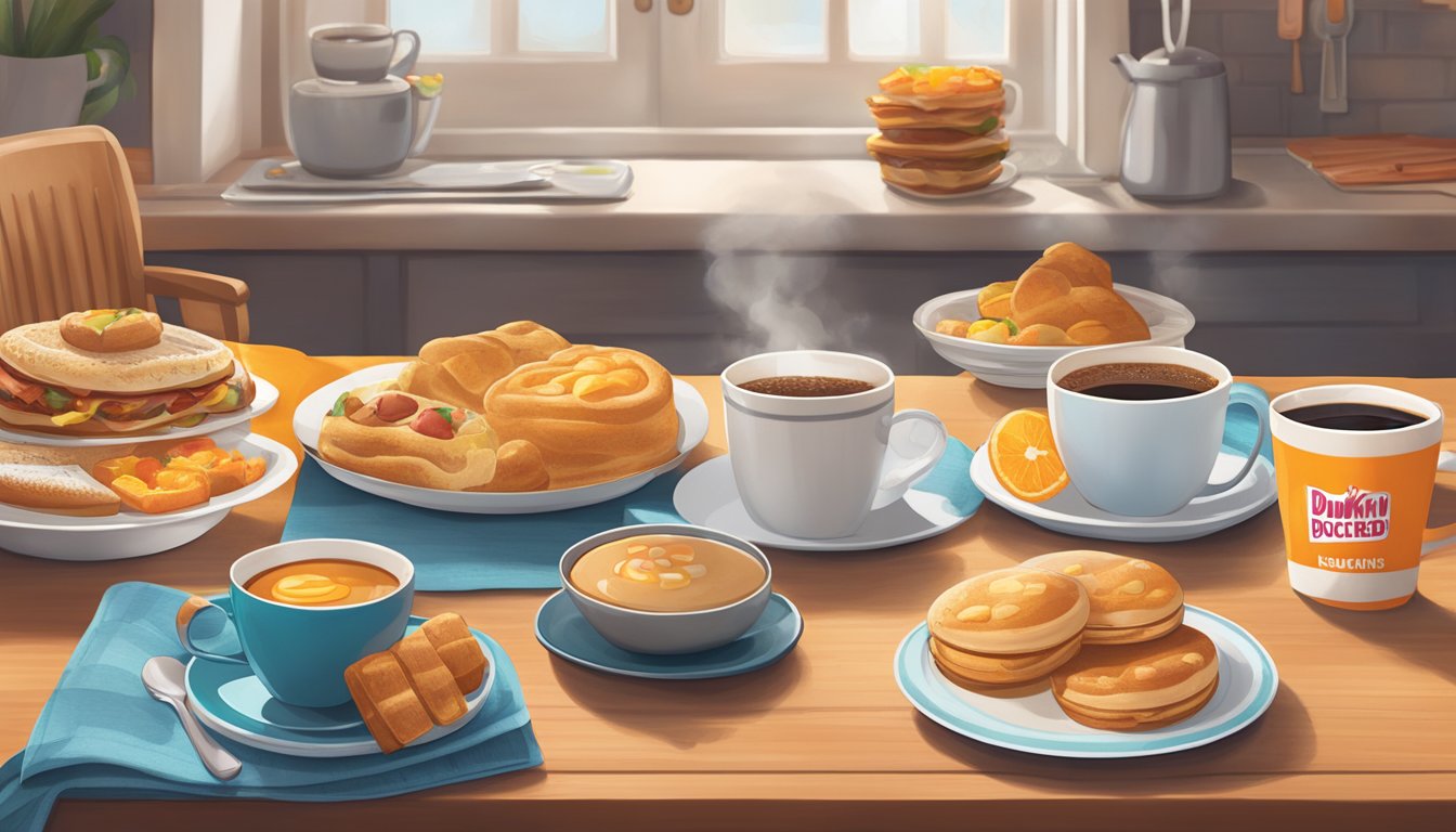 A cozy kitchen table with a steaming mug, a plate of breakfast food, and a pile of Dunkin's branded merchandise including mugs, pajamas, and other breakfast-inspired items