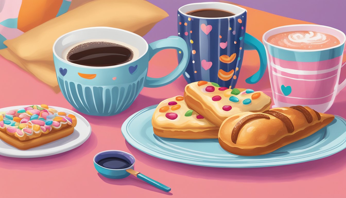 A cozy breakfast table with a steaming mug, a plate of pastries, and a set of pajamas featuring Dunkin's iconic colors and logo