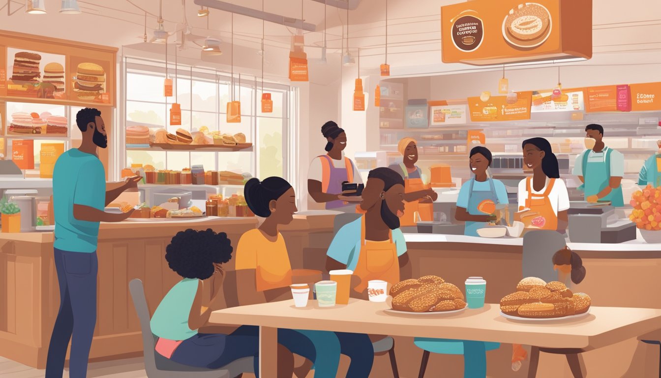 A bustling breakfast scene with diverse, happy customers enjoying Dunkin's sustainable and responsibly sourced products. The store is adorned with eco-friendly decor and messaging promoting community engagement