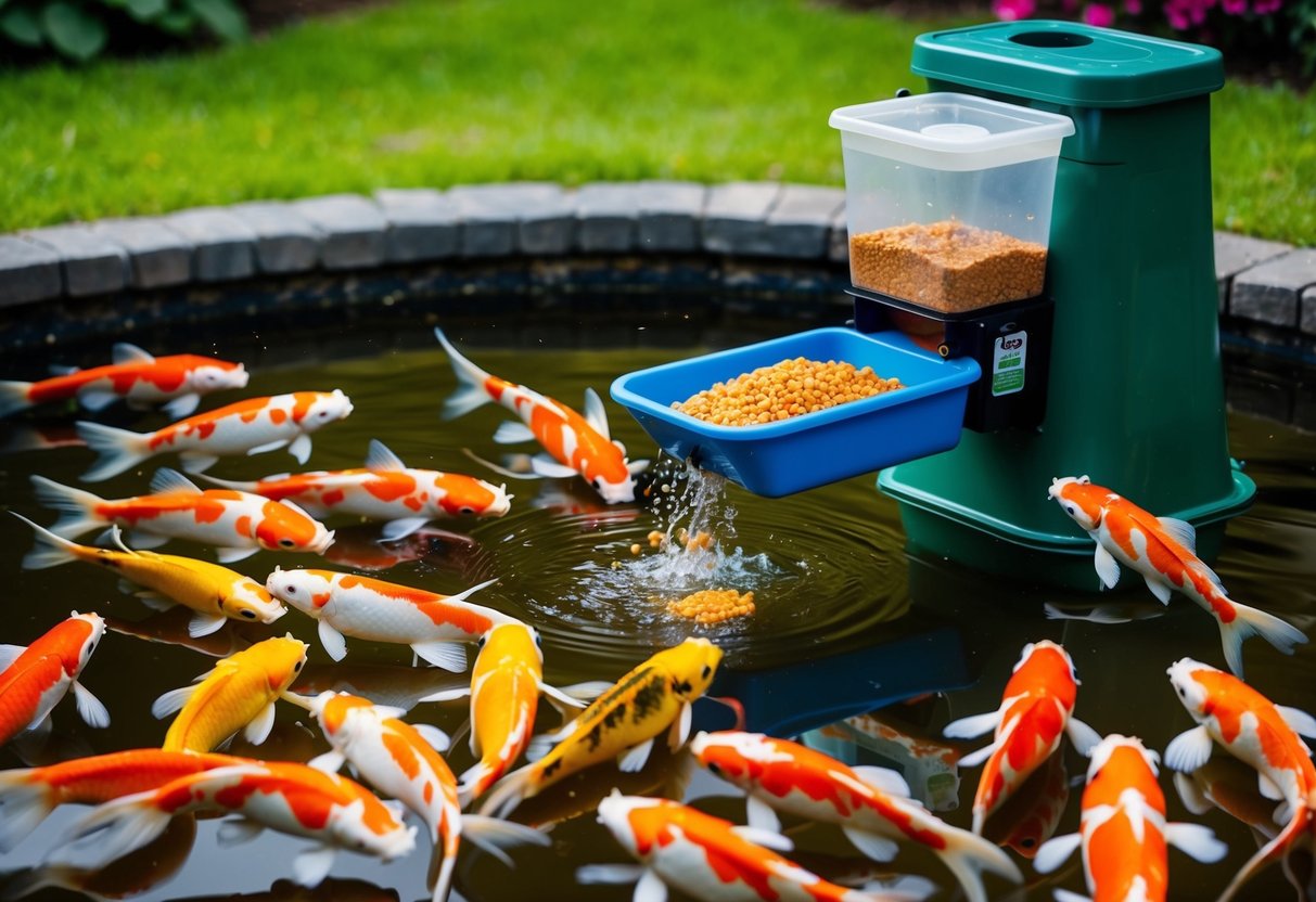 A colorful koi pond with an automatic feeder dispensing food into the water while the fish eagerly gather around to eat