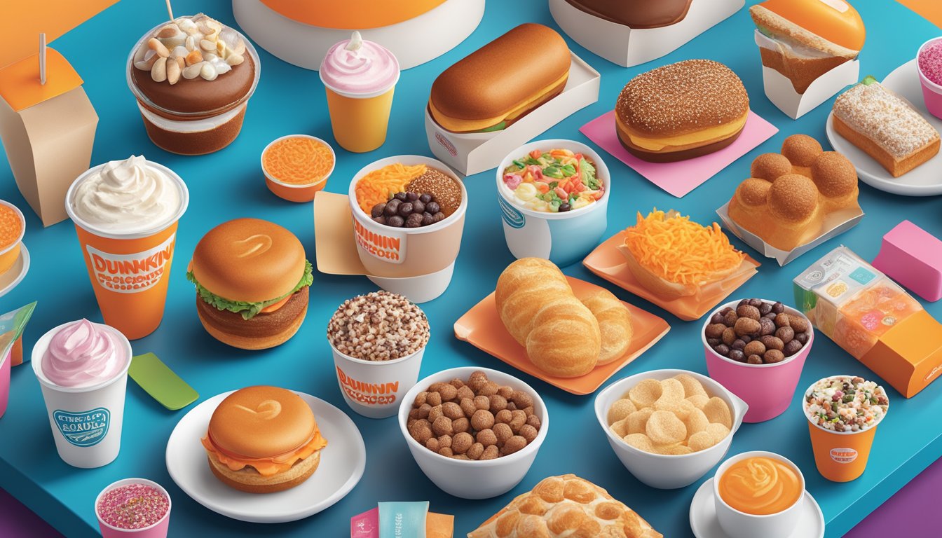 A colorful display of various food and beverage options at Dunkin', including a range of dietary restriction-friendly and allergen-free offerings