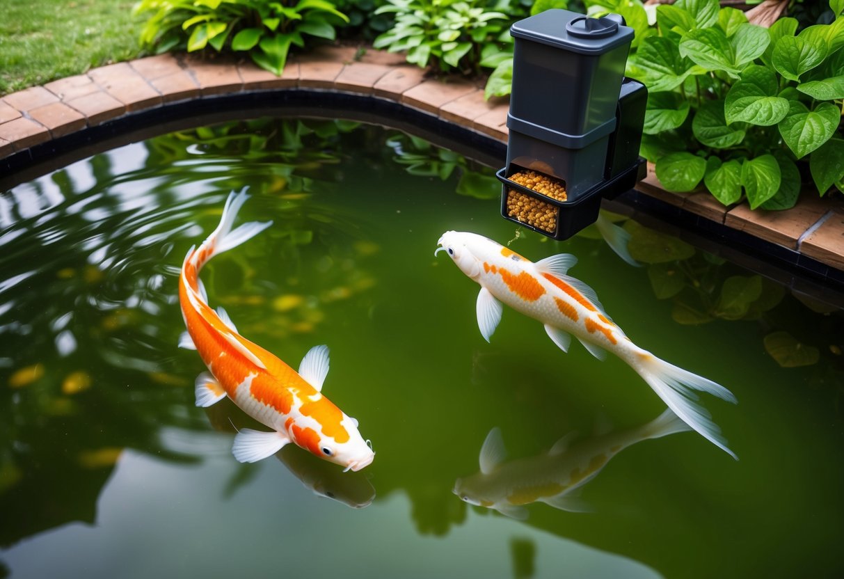 A koi fish swimming in a clear pond with lush greenery, while an automatic feeder dispenses high-quality fish food into the water