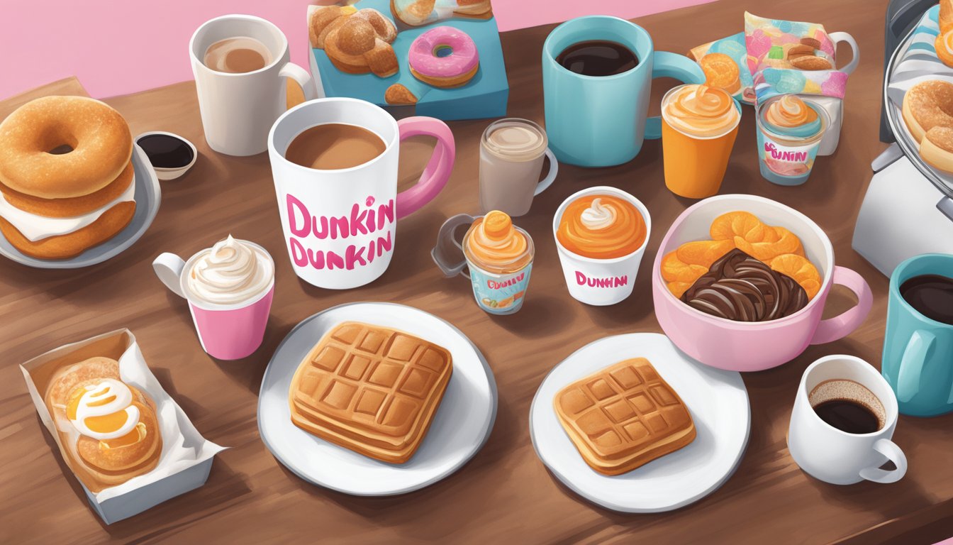 A cozy kitchen table adorned with Dunkin's breakfast-inspired merchandise, including mugs, pajamas, and other items ready for market