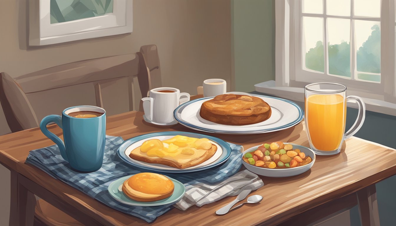 A cozy kitchen table with a steaming mug, a plate of breakfast food, and a pair of pajamas laid out on a chair