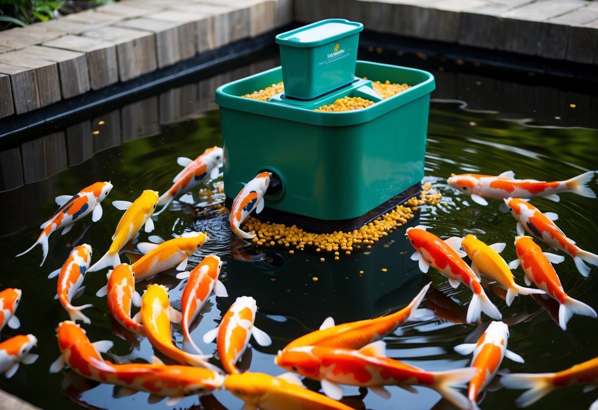 A colorful koi pond with a high-quality automatic feeder dispensing food into the water as the fish eagerly swim towards it