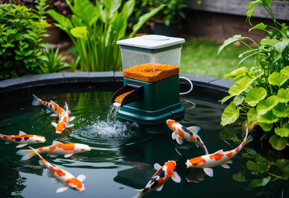 A koi pond with a modern automatic feeder dispensing fish food into the water, surrounded by lush green plants and colorful koi swimming eagerly