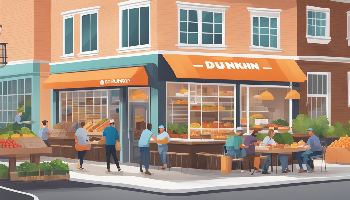 A bustling Dunkin' location with customers enjoying breakfast, while local farmers deliver fresh produce and employees work efficiently