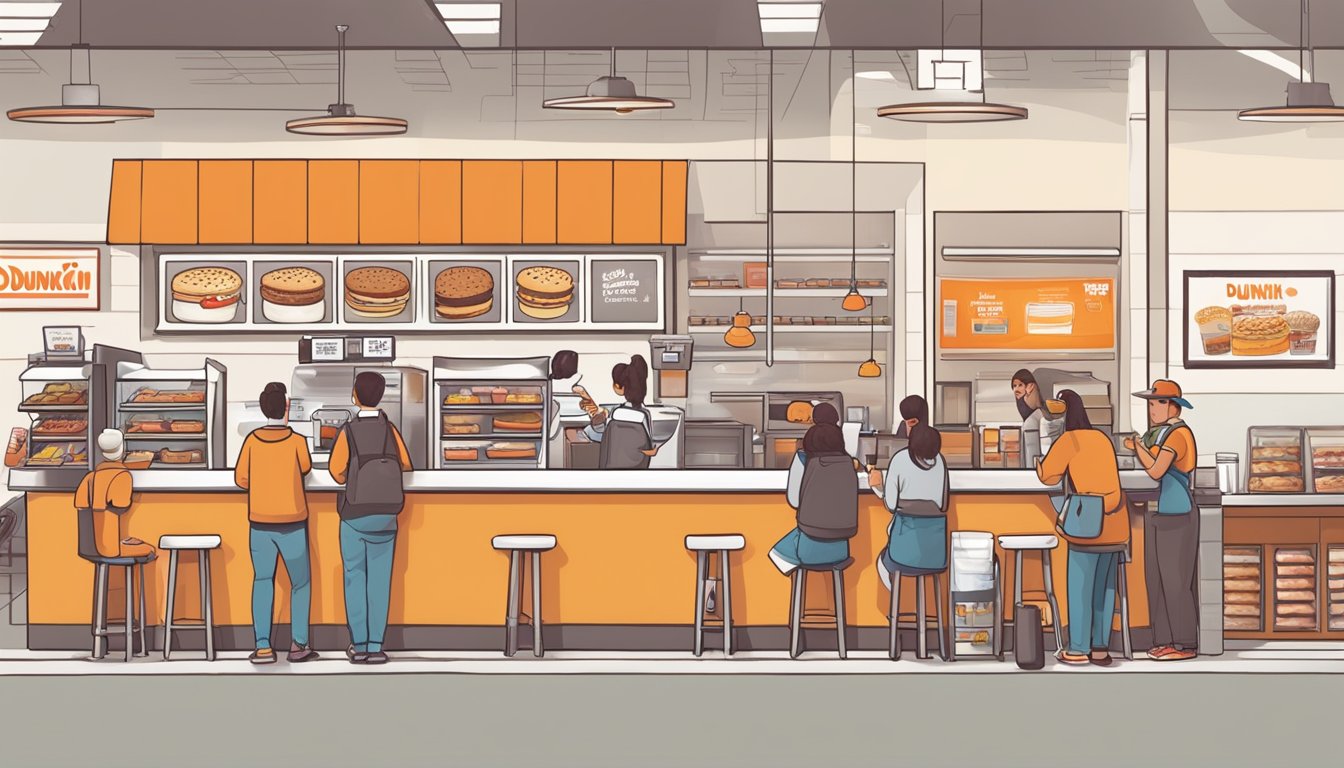 A bustling morning scene at a local Dunkin' location, with customers enjoying breakfast and coffee, while workers prepare and serve food