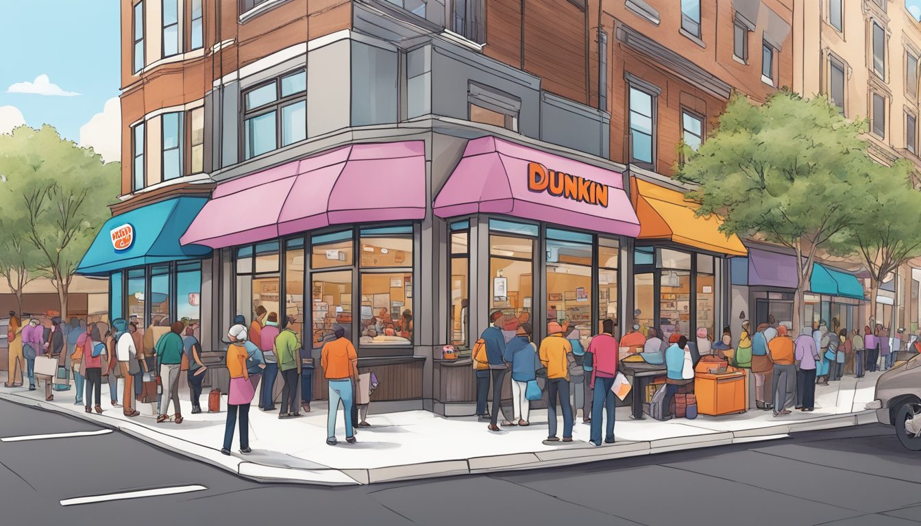 A bustling Dunkin' location with a line of customers out the door, surrounded by local businesses benefitting from the morning rush