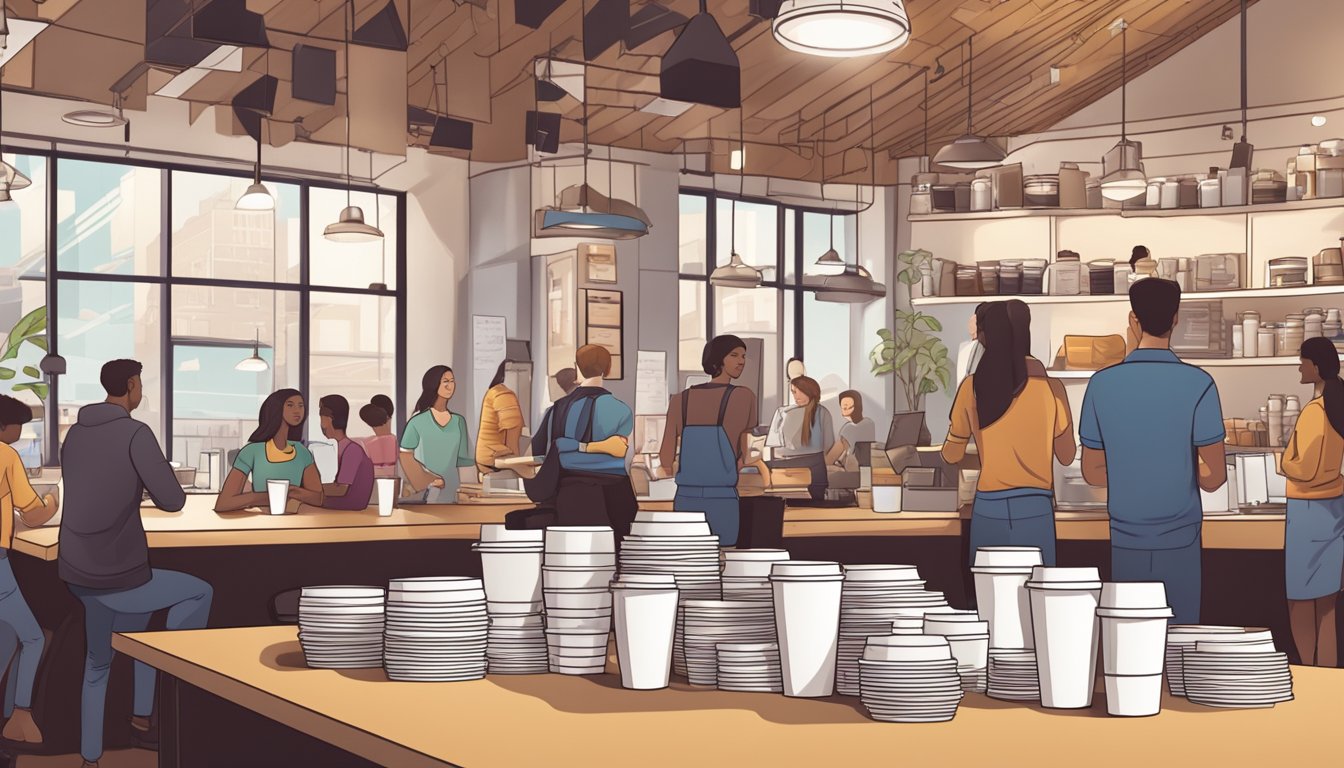 A bustling coffee shop with a stack of foam cups next to a pile of paper cups, surrounded by customers and employees