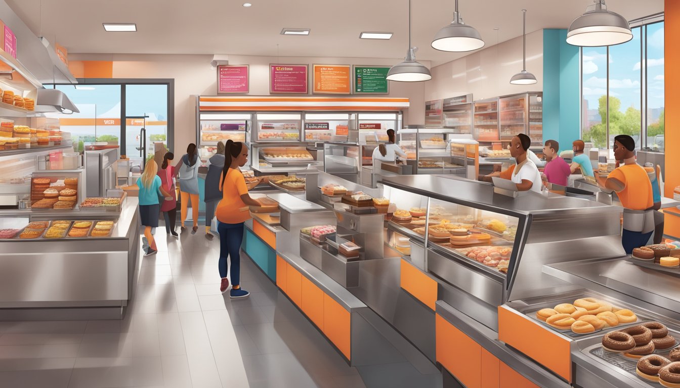 A bustling Dunkin' Donuts store with a diverse menu and busy staff serving customers, surrounded by local businesses benefiting from the breakfast rush