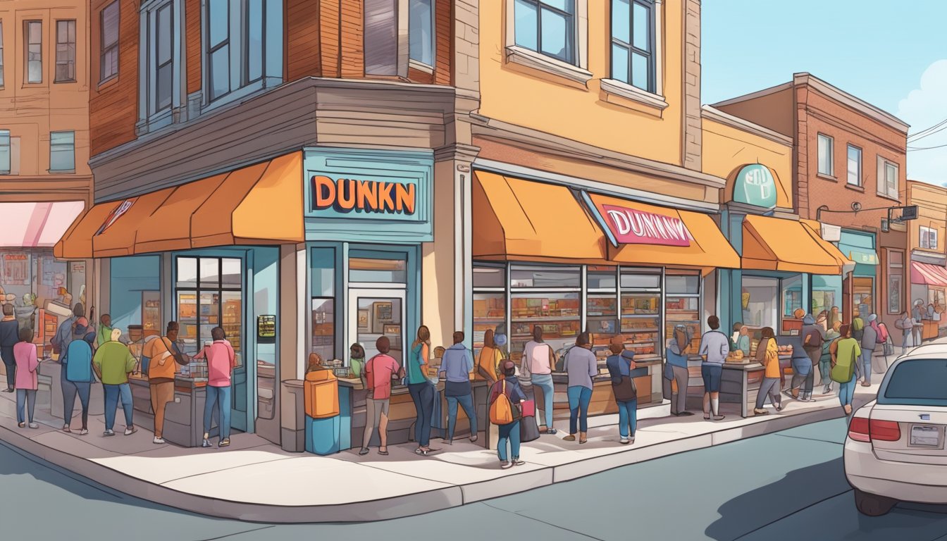 A bustling Dunkin' store surrounded by local businesses thriving from increased foot traffic and morning customers