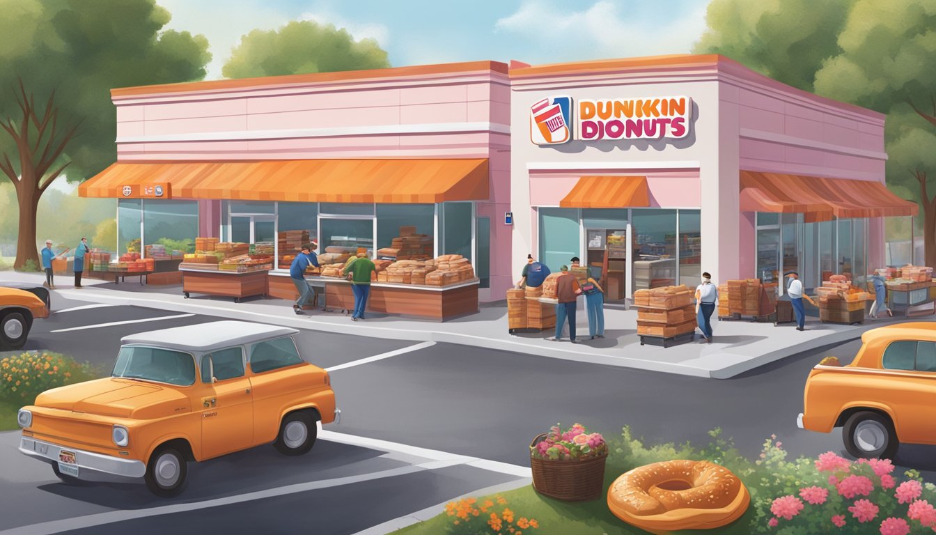 A bustling Dunkin' Donuts store surrounded by local farms and businesses, with delivery trucks loading up fresh breakfast items