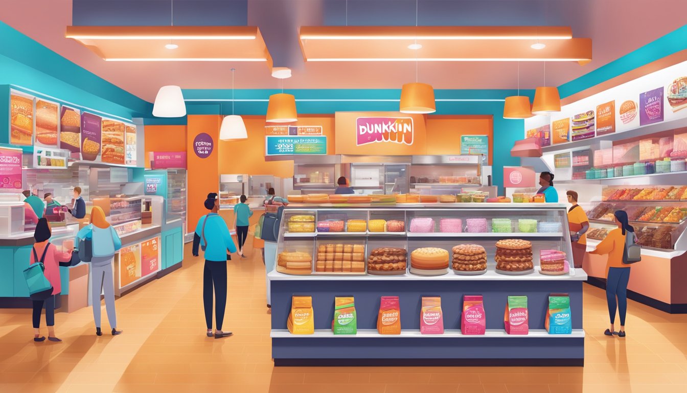 A bustling Dunkin' store with a colorful display of limited-time offerings and innovative products, surrounded by excited and curious customers