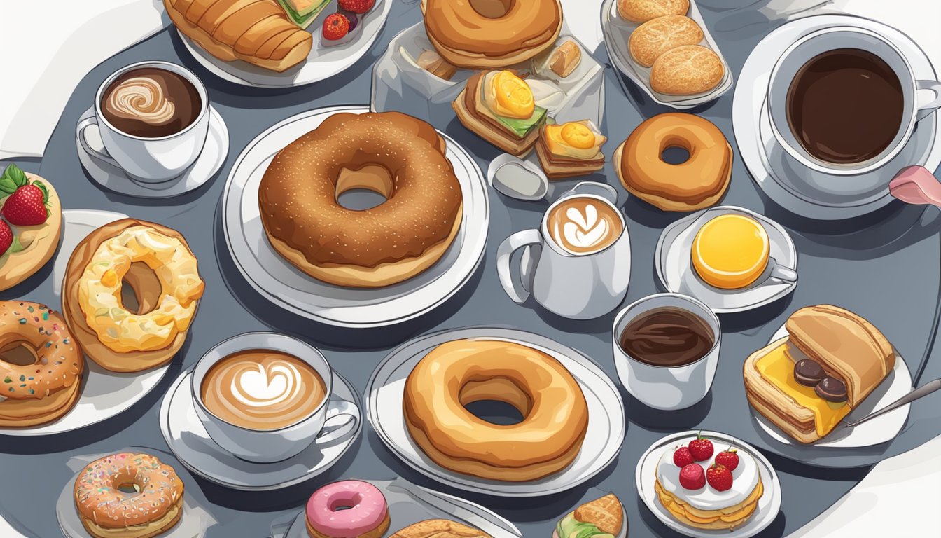 A table with various breakfast items arranged in an appealing layout, including coffee, donuts, sandwiches, and pastries