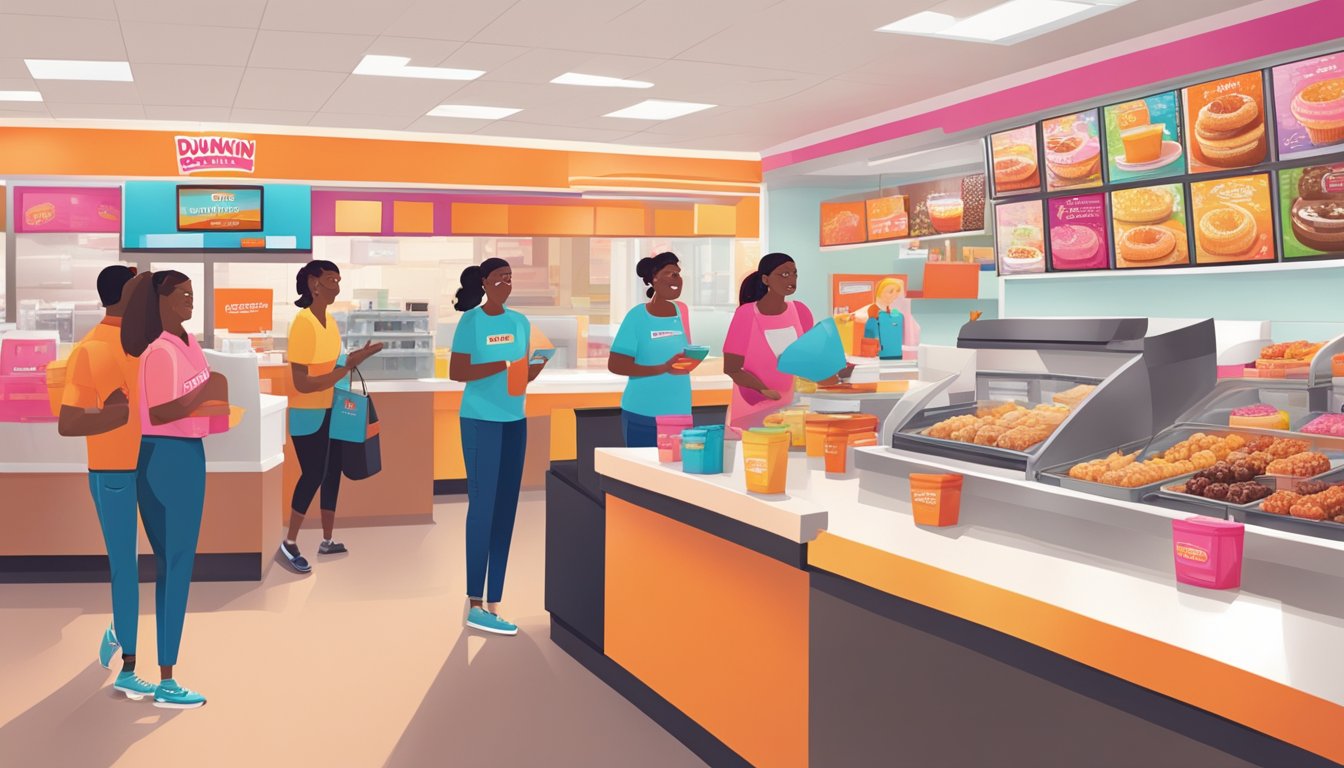 A bustling Dunkin' store with colorful limited-time offerings displayed on a bright, clean counter. Customers chat with smiling staff as they enjoy their treats