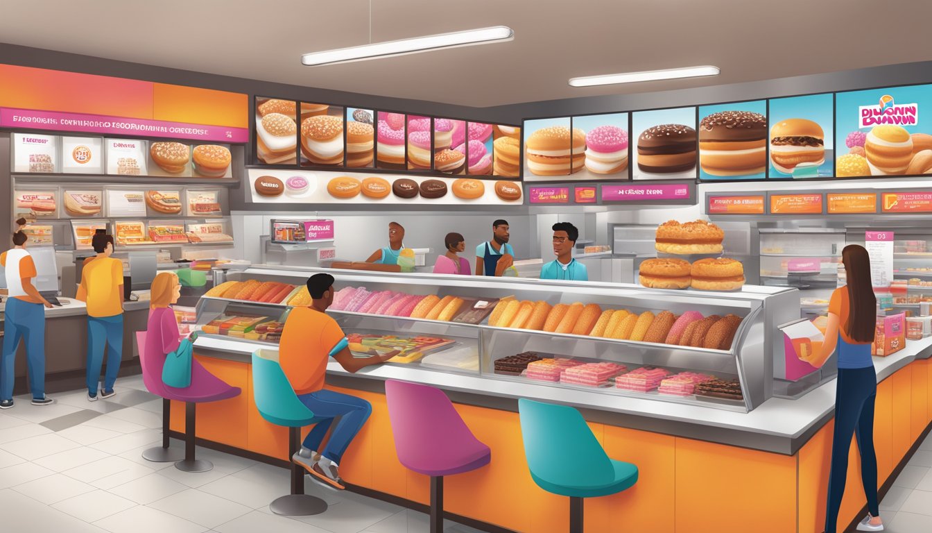 A bustling Dunkin' Donuts store with colorful limited-time offerings displayed on the counter, customers engaging with staff, and promotional materials adorning the walls