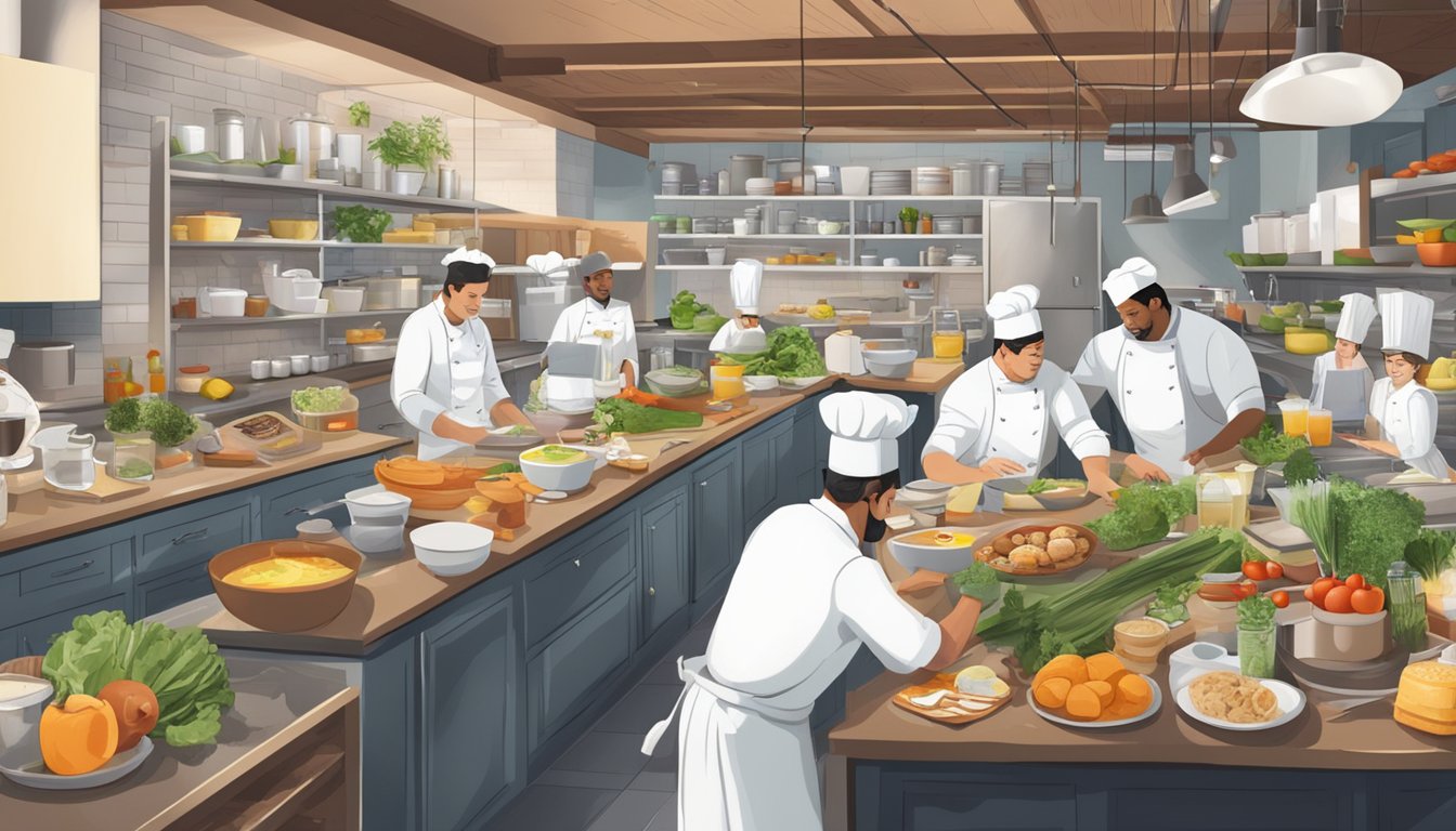 A bustling kitchen with chefs creating new breakfast items, surrounded by shelves of fresh ingredients and recipe notes