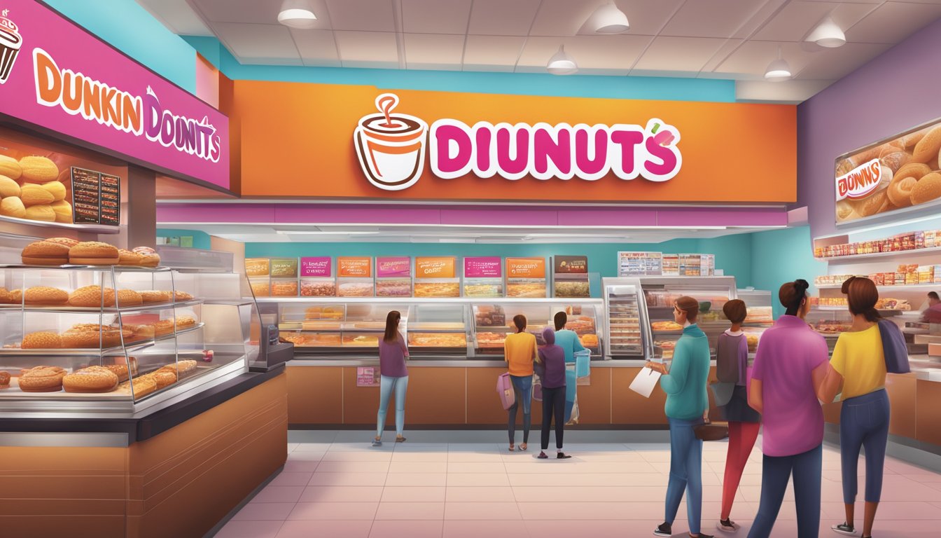 A bustling Dunkin' Donuts store with colorful, enticing limited-time offerings displayed on the menu board, attracting a diverse crowd of customers