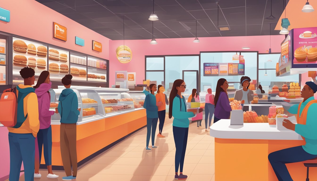 A bustling Dunkin' shop with diverse customers enjoying limited-time offerings, while engaging with the community