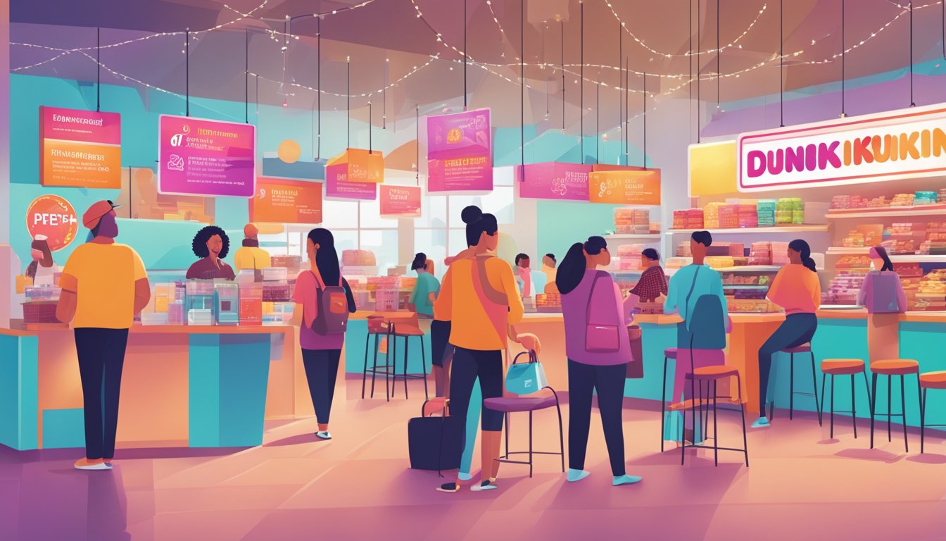 A bustling Dunkin' store with diverse customers enjoying limited-time offerings, while a colorful sign advertises the psychology behind the products