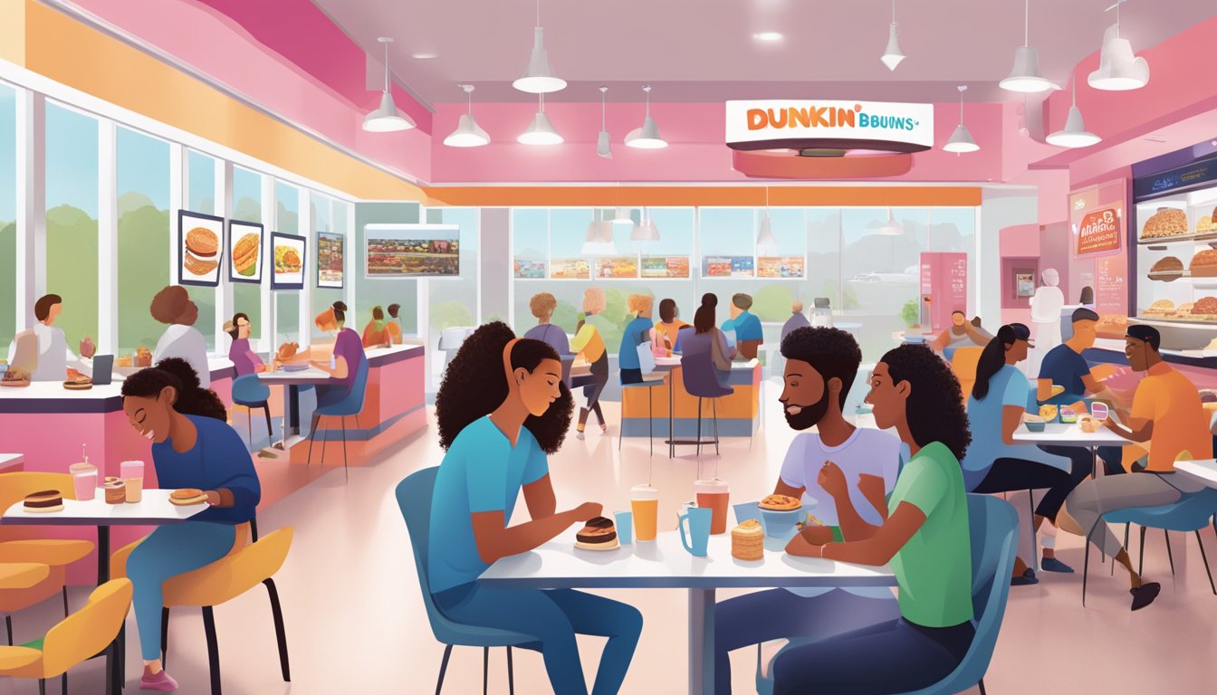 A bustling breakfast cafe with Dunkin' branding alongside logos of partner brands like Oreo, Baskin-Robbins, and Beyond Meat. Tables filled with customers enjoying a variety of innovative menu offerings