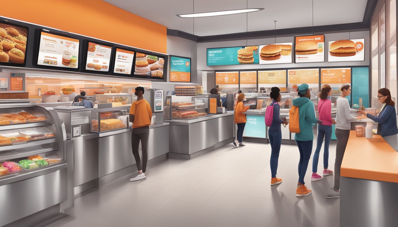 A bustling Dunkin' store with a line of customers, a display of technology like digital menu boards and mobile ordering kiosks, and a variety of limited-time offerings showcased