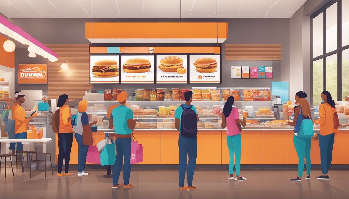 A bustling Dunkin' store with customers enjoying breakfast items alongside branded products from partner companies, creating a vibrant and diverse customer experience