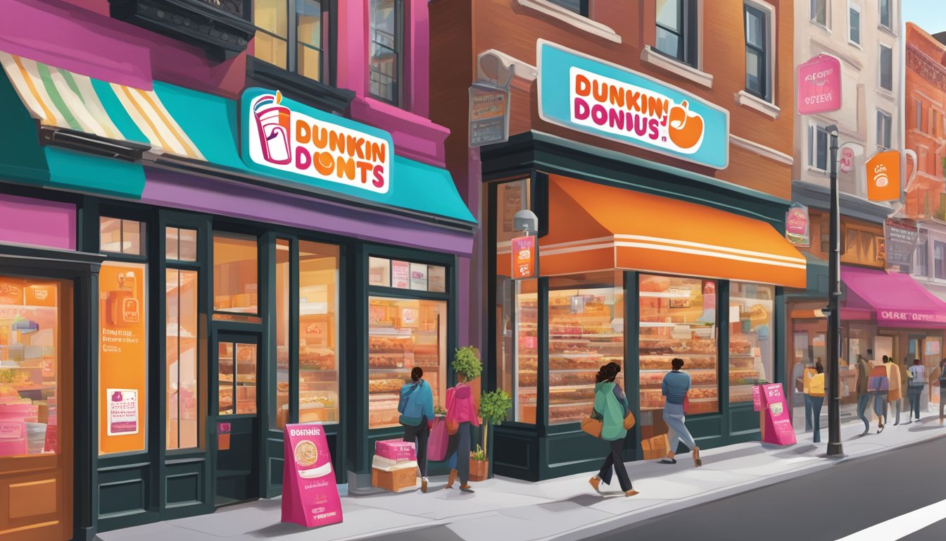 A bustling city street with Dunkin' Donuts storefronts in various languages and limited-time offerings displayed in vibrant window signs